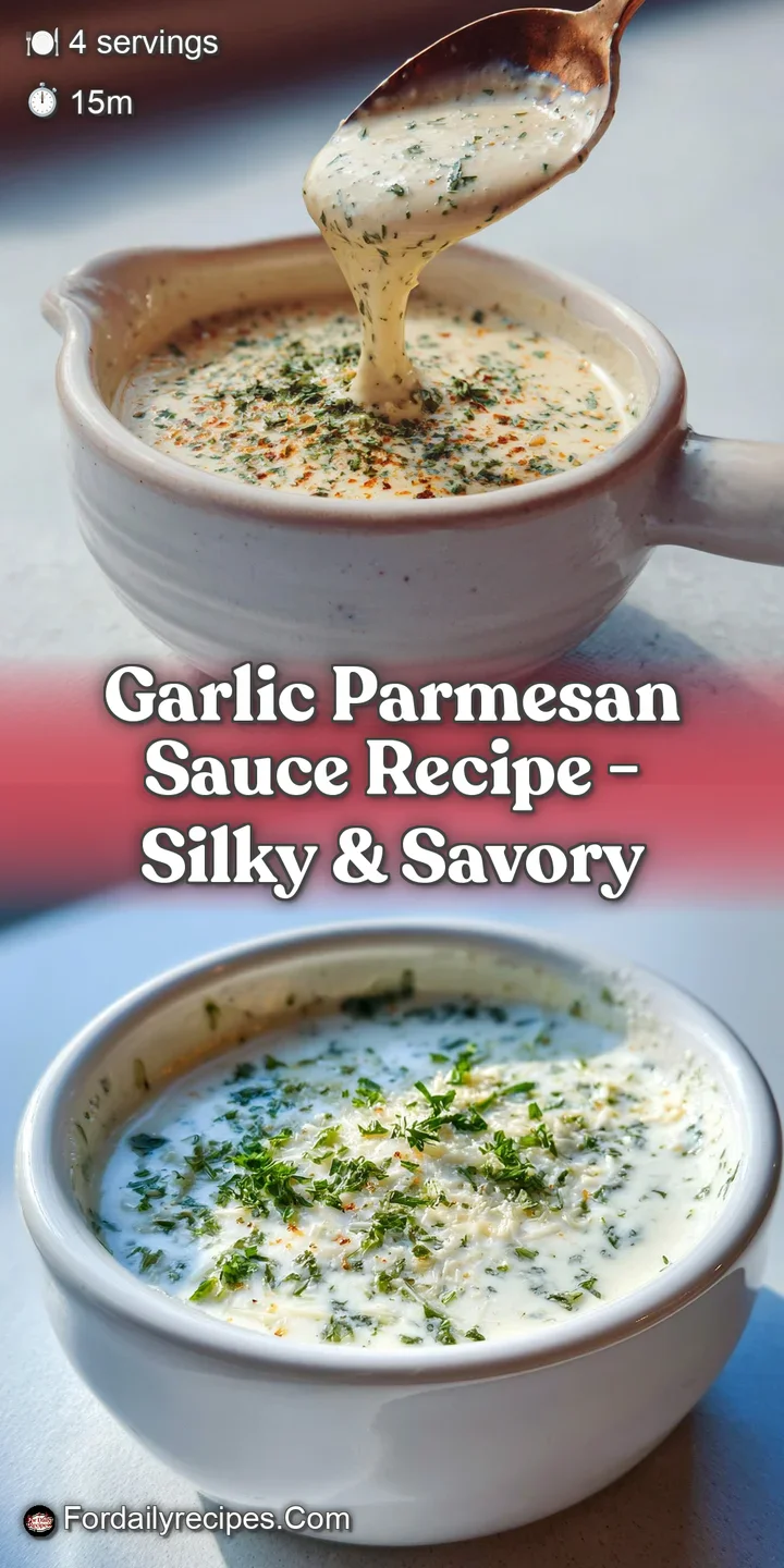 Close-up of luscious garlic parmesan sauce clinging to pasta strands, with visible bits of garlic, cheese, and vibrant gre...