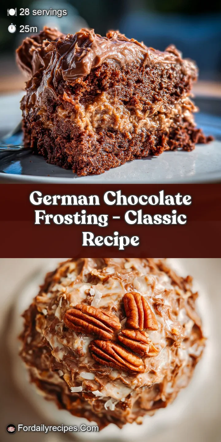 Close-up of glossy, textured German chocolate frosting, showcasing the rich chocolate color and the chewy coconut and peca...