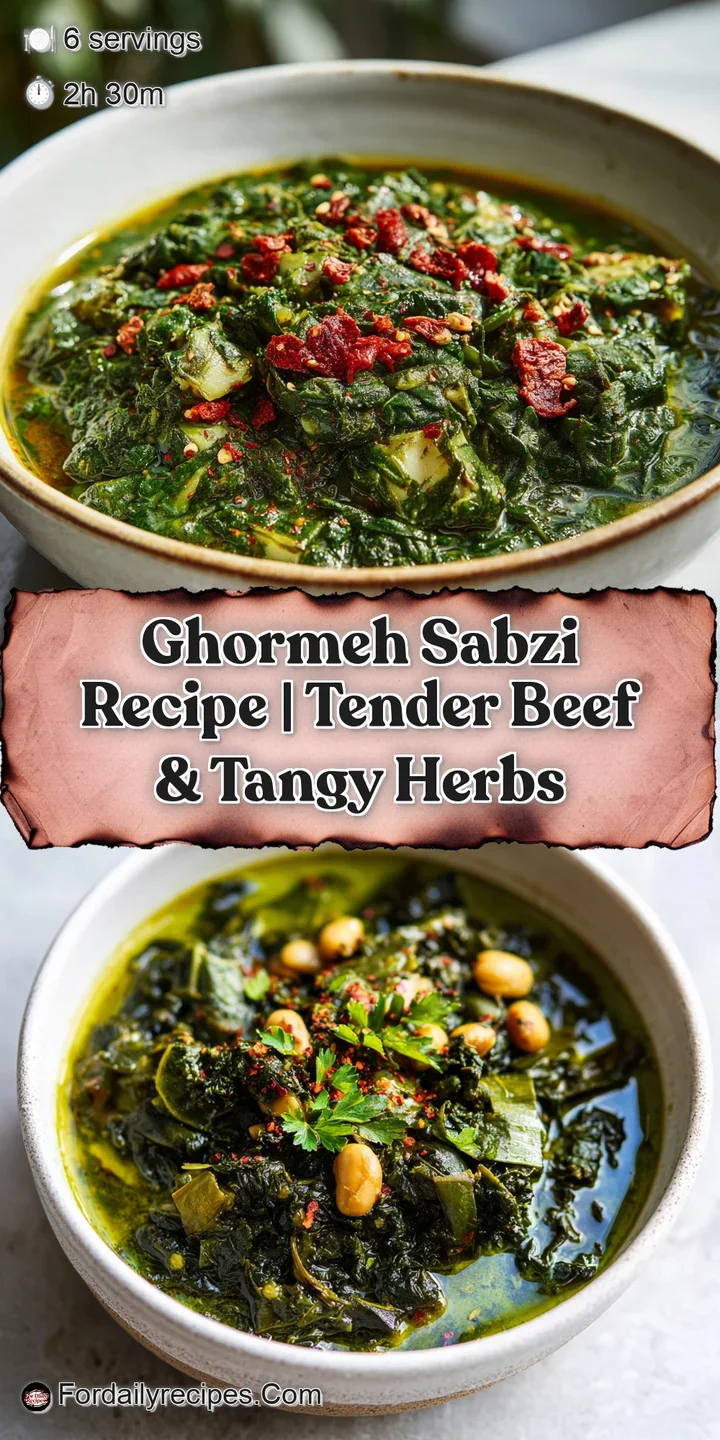 Close-up of Ghormeh Sabzi, showcasing the rich, dark greens, glistening beans, and savory broth. Aromatic, fresh, and deep...