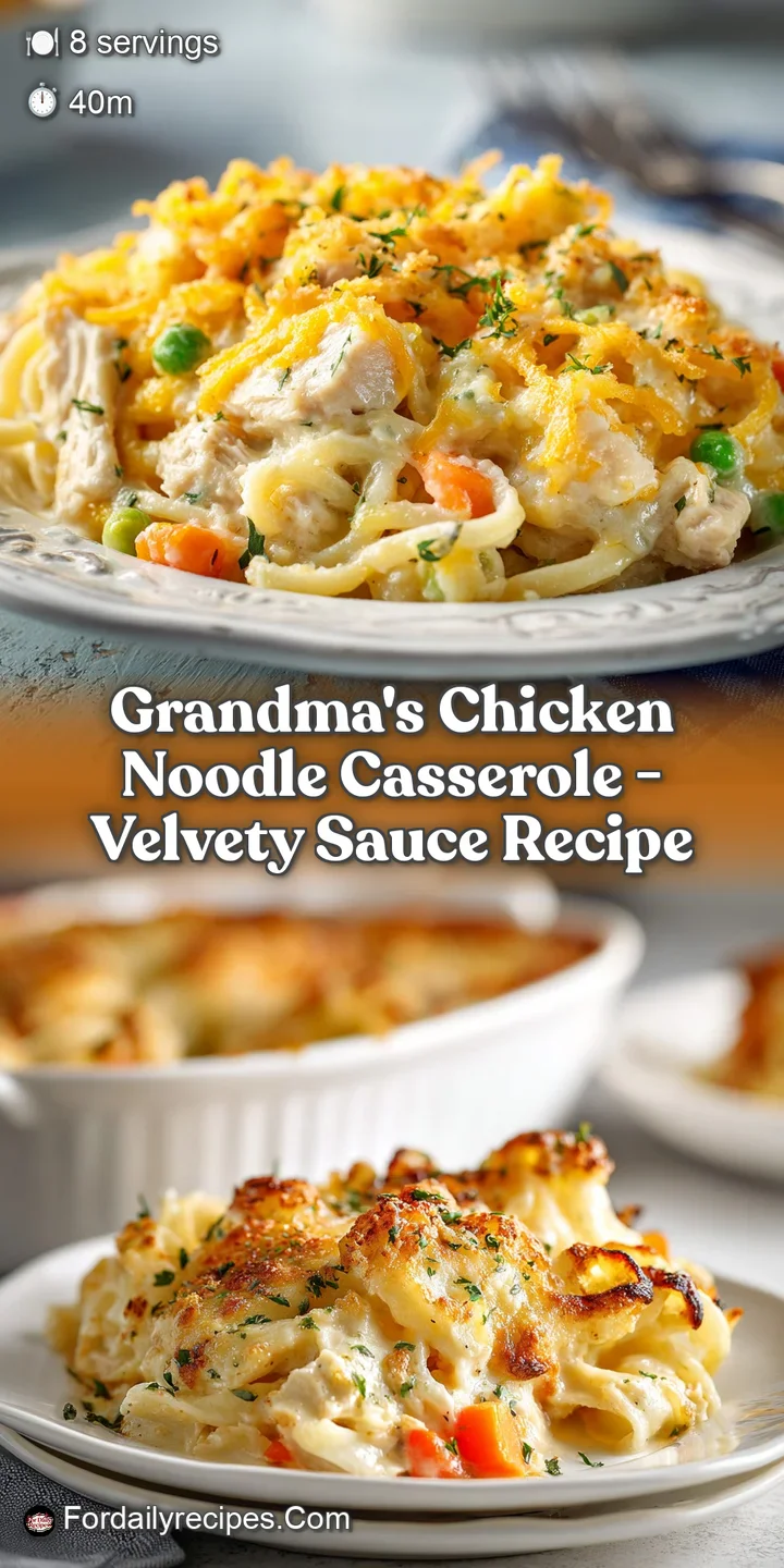 Close-up of a spoonful of creamy chicken noodle casserole with visible noodles, chicken, and vegetables, topped with golde...