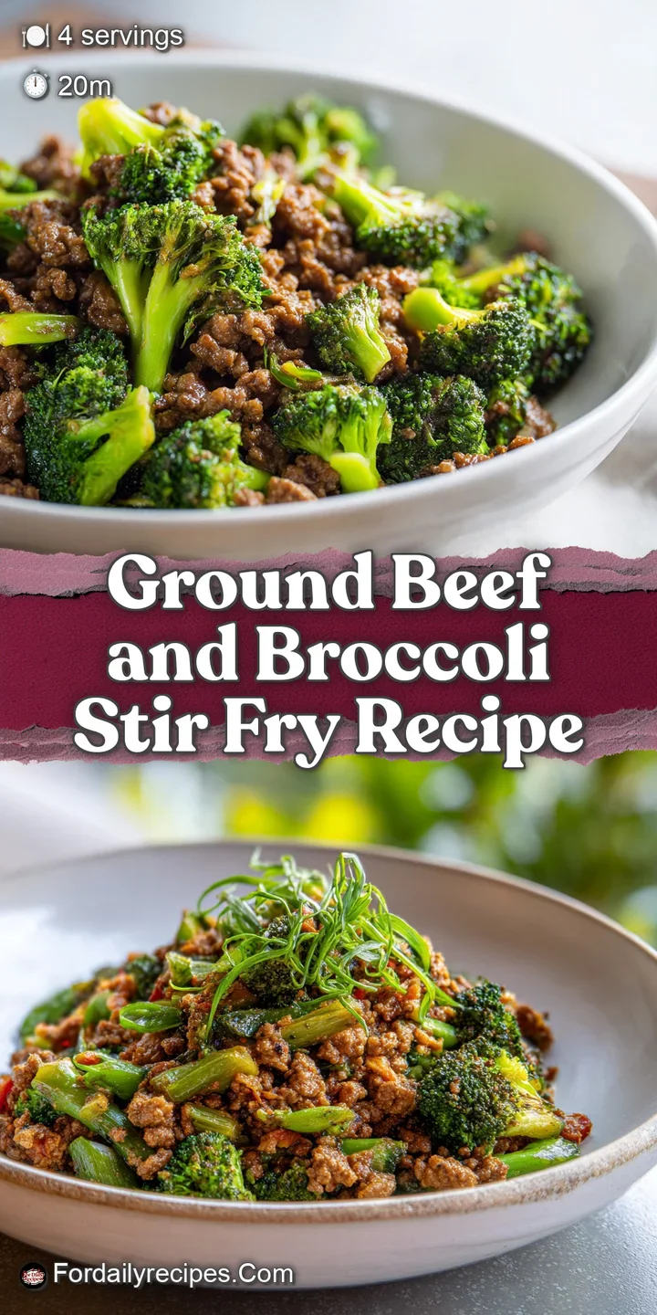 Close-up of savory ground beef and tender broccoli coated in a savory brown sauce, highlighting the textures and appealing...