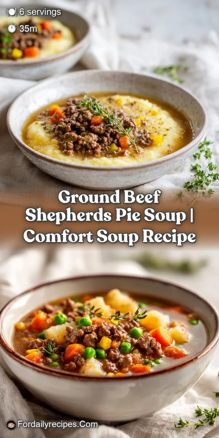 Close-up of Shepherd's Pie soup, showcasing the chunky vegetables, tender meat, and golden-brown mashed potato topping.