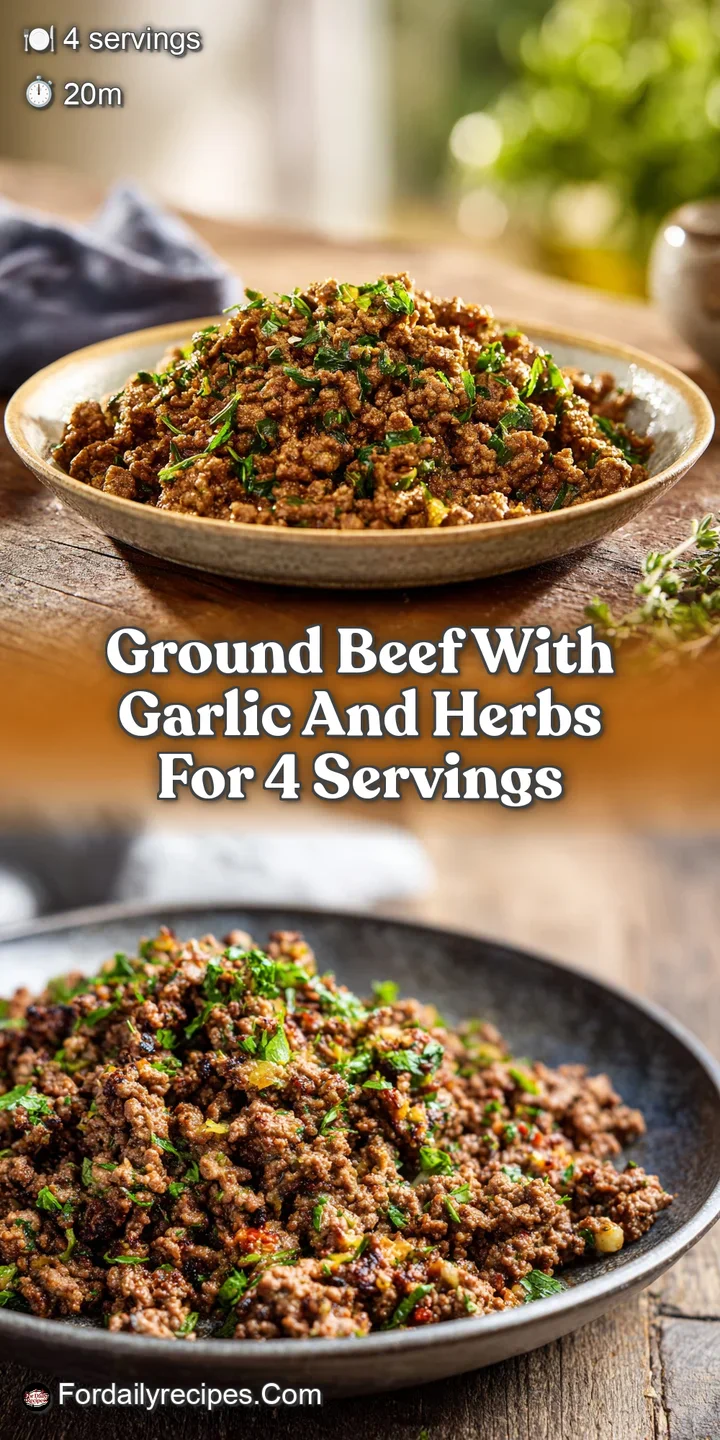 Close-up of seasoned ground beef, studded with golden garlic and vibrant green herbs. Rich texture, inviting aroma implied.