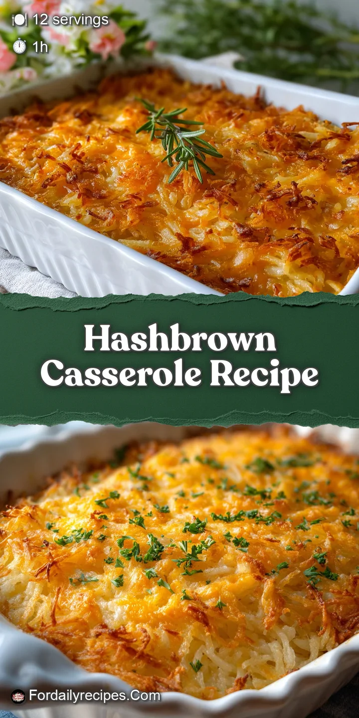 Close-up of a creamy, cheesy hashbrown casserole revealing the soft potato texture and golden-brown baked cheese crust.