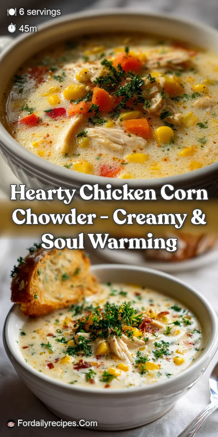 Close-up of luscious corn chowder reveals tender chicken and plump corn kernels in a rich, creamy, inviting broth.