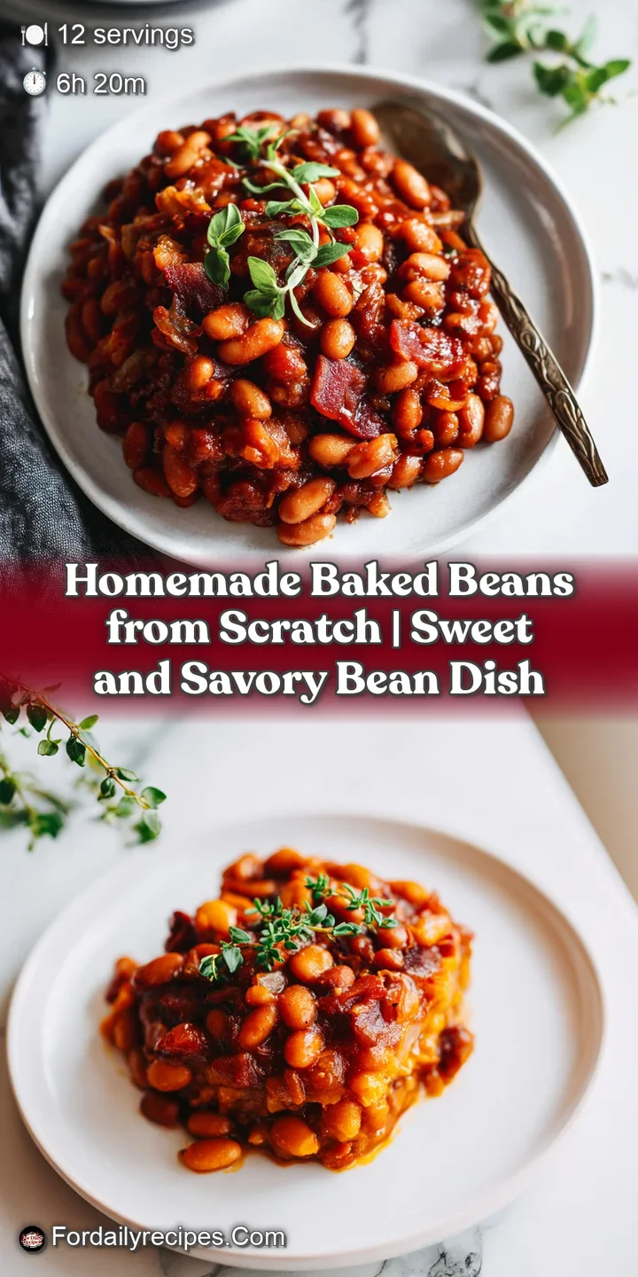 Close-up of plump, tender baked beans coated in a rich, mahogany-hued, slightly bubbling glaze.