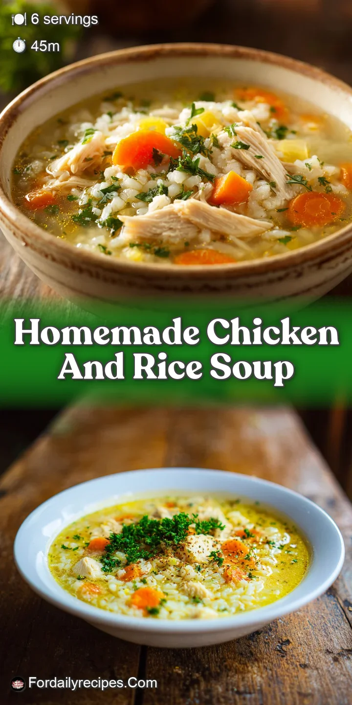 Close-up: steaming chicken and rice soup with juicy chicken, plump rice, and droplets of citrus oil shimmering on the gold...