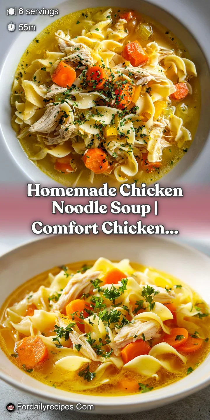 Close-up of tender chicken chunks and wide noodles swimming in a glossy, golden broth with a sprinkle of green herbs.