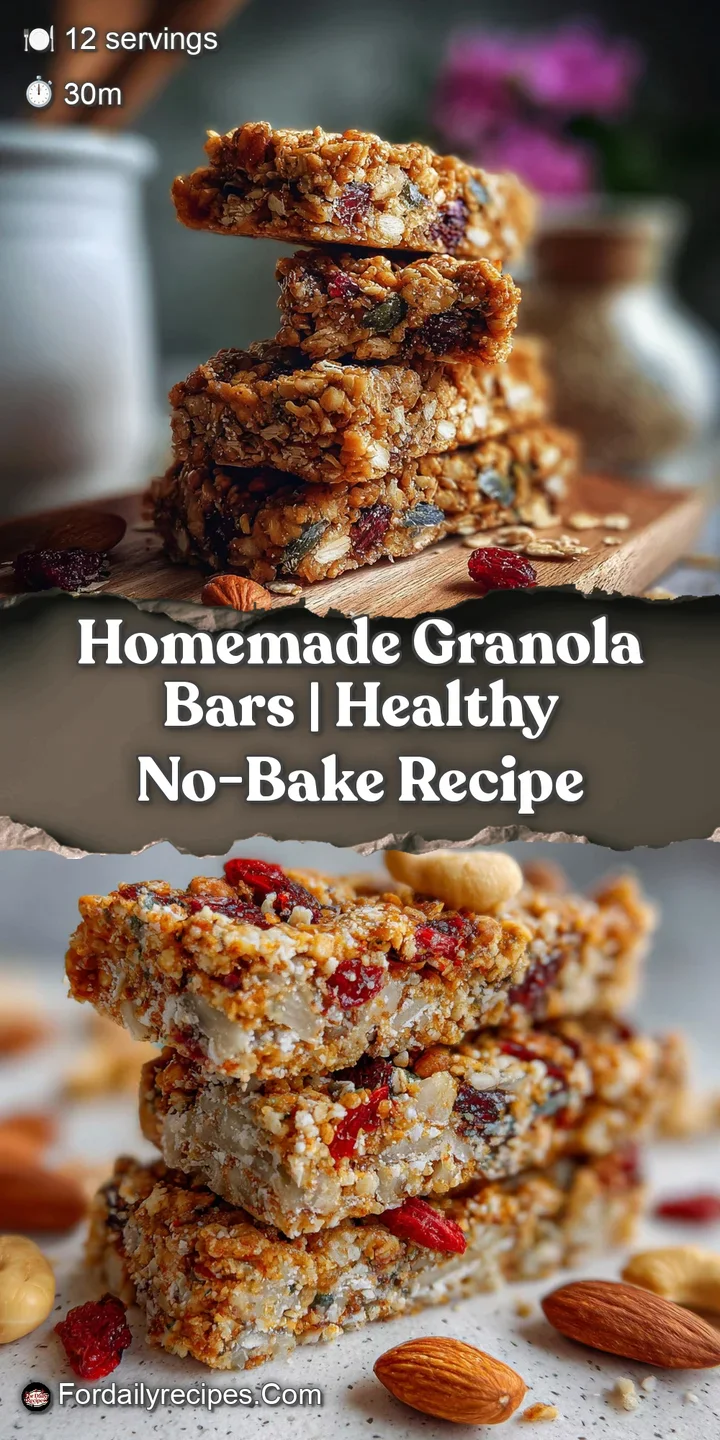 Close-up shot reveals the chewy texture of a homemade granola bar, bursting with visible oats, nuts, and glistening honey ...