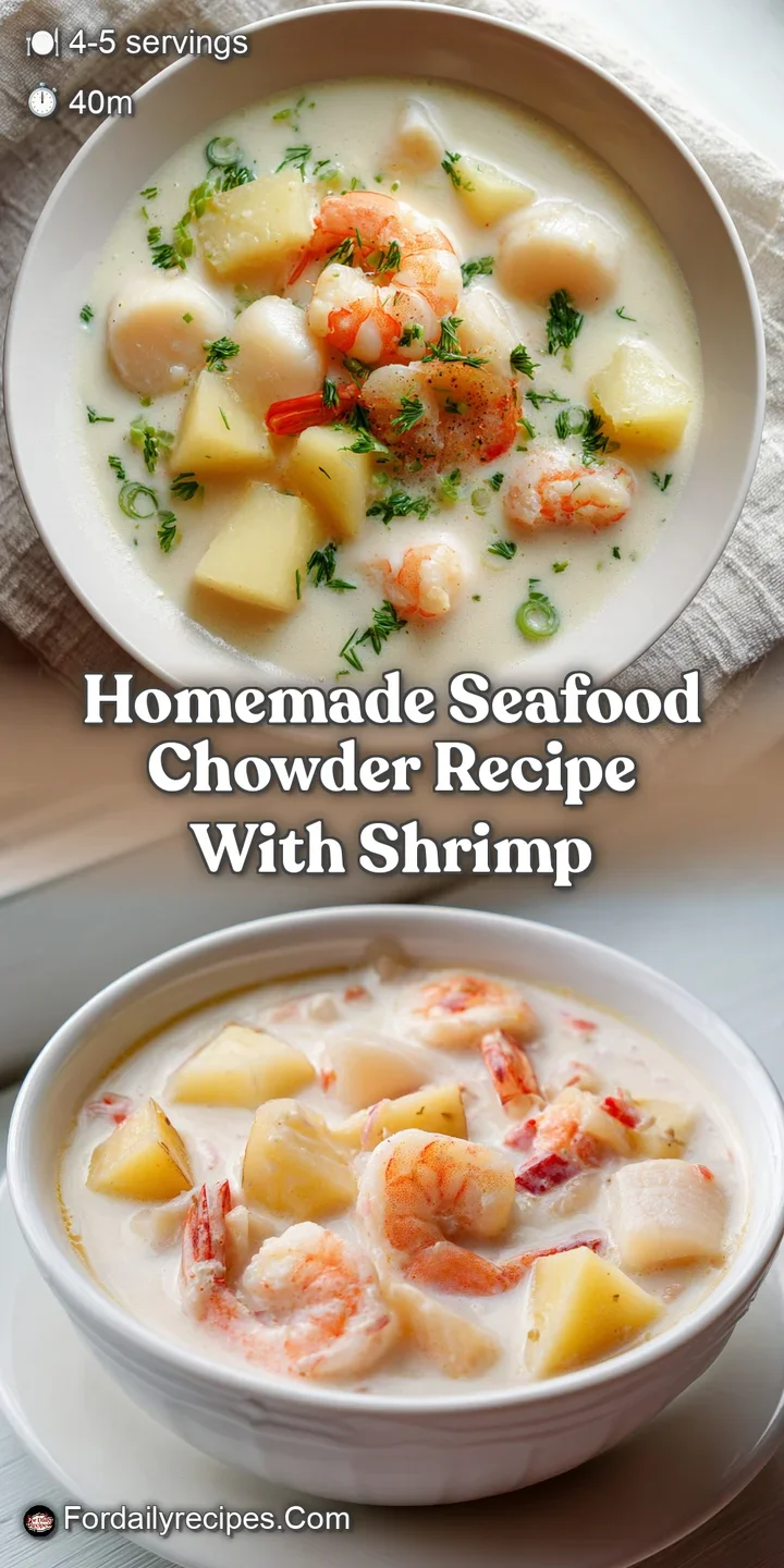 Extreme close-up of tender shrimp and potato chunks nestled in a rich, velvety cream sauce with a sprig of parsley.