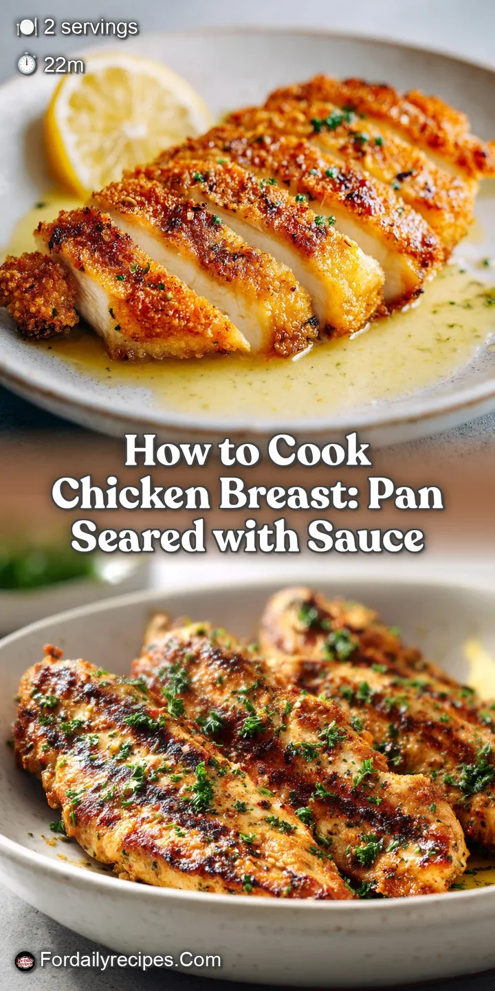 Close-up of a tender, pan-seared chicken breast, revealing a moist interior and a beautifully browned crust, glistening in...