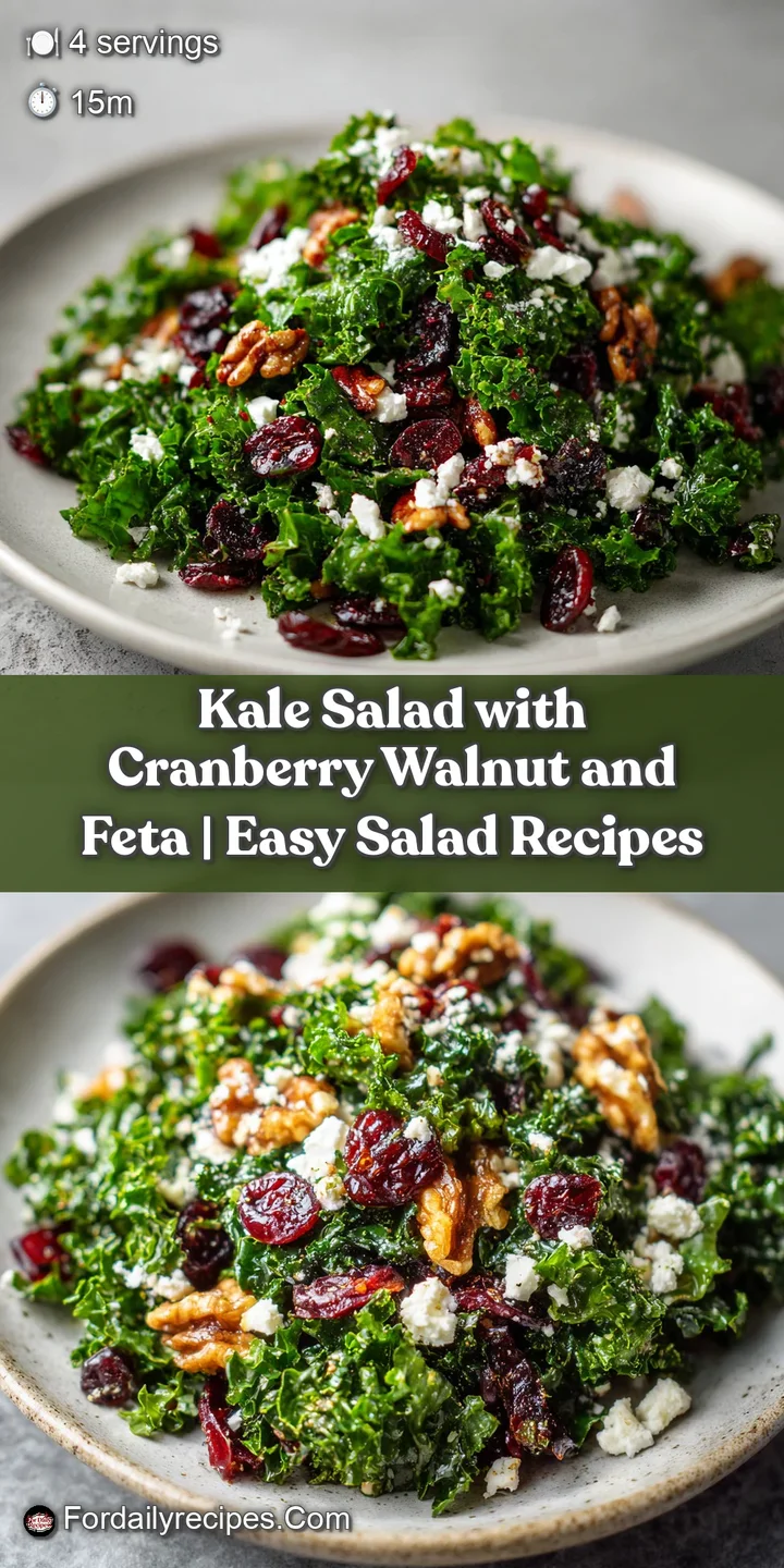 Close-up of crisp kale leaves glistening with a light dressing, studded with tart cranberries and feta.
