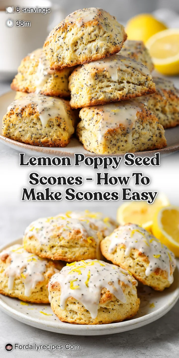 Close-up of a tender scone, showcasing its crumbly texture and tiny black poppy seeds against a bright yellow lemon glaze.