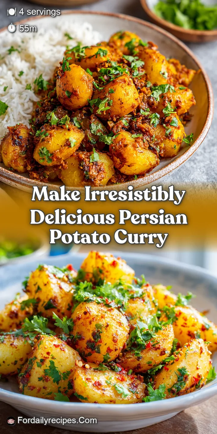 Close-up of the curry's surface: Tender potatoes simmered in a thick, golden sauce with aromatic spices. Hints of fresh gr...