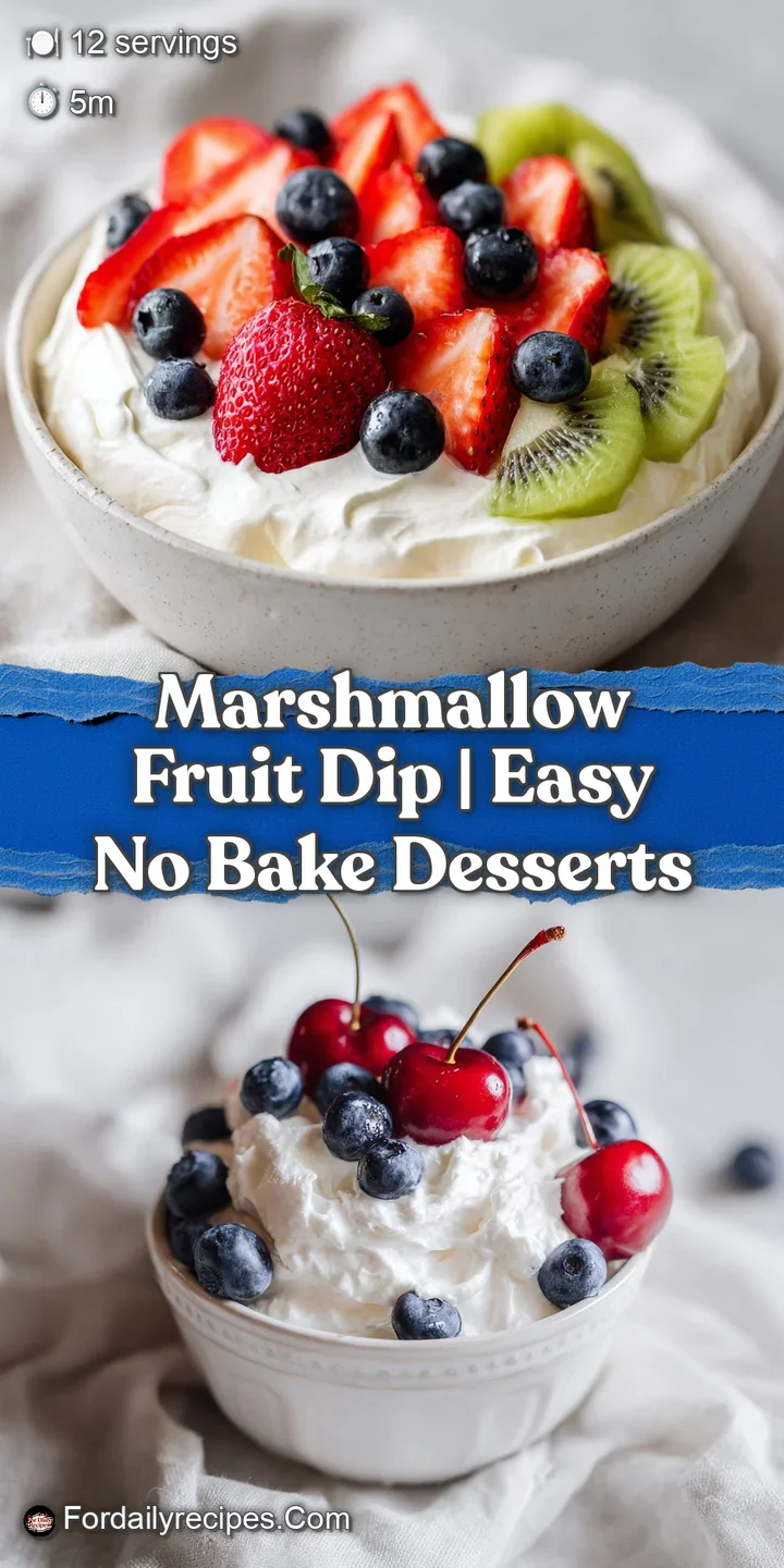 Close-up of a spoon scooping fluffy marshmallow dip with glistening strawberries and kiwi chunks.