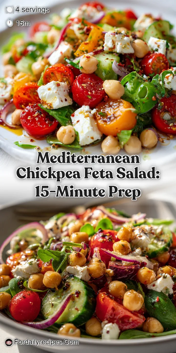 Close-up of a chickpea salad: Feta crumbles over plump chickpeas and juicy diced vegetables, highlighting fresh ingredient...