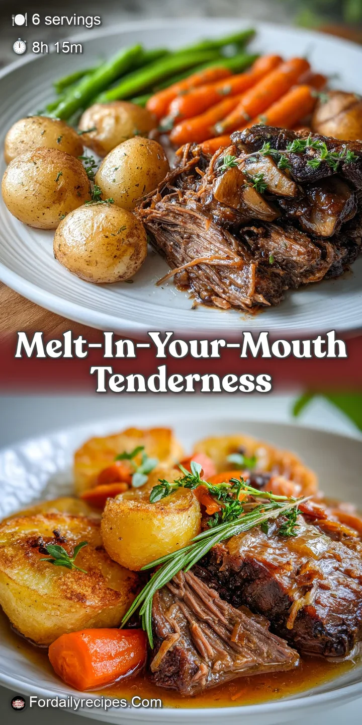 Close-up of fork-tender pot roast, glistening with rich, dark gravy, showing visible strands of juicy, savory meat.