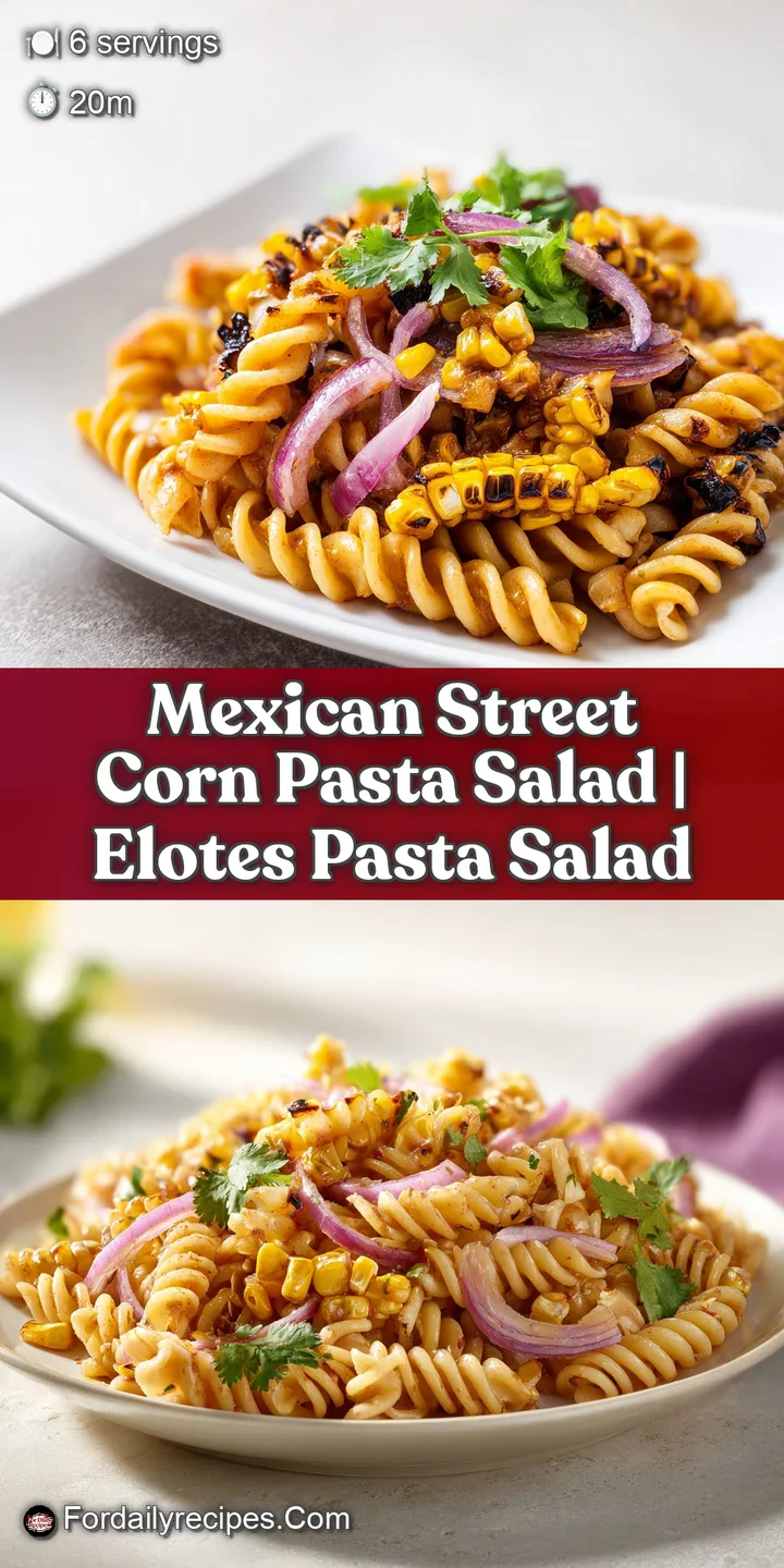 Close-up of creamy pasta swirls with charred corn, crumbled white cheese, and vibrant green herbs in soft lighting.