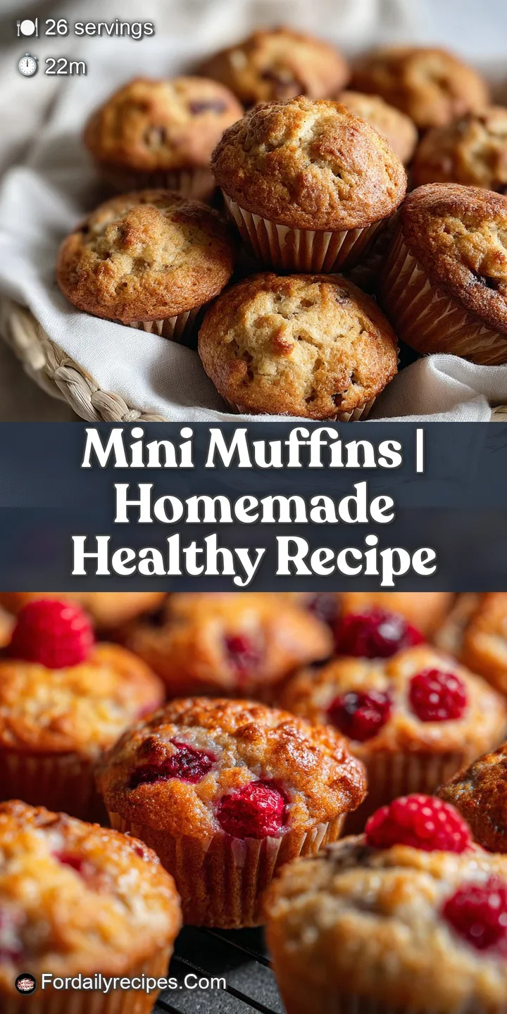 Close-up of a warm, golden mini muffin. Slightly cracked top reveals a soft interior. Fruit adds pops of color and sweetness.