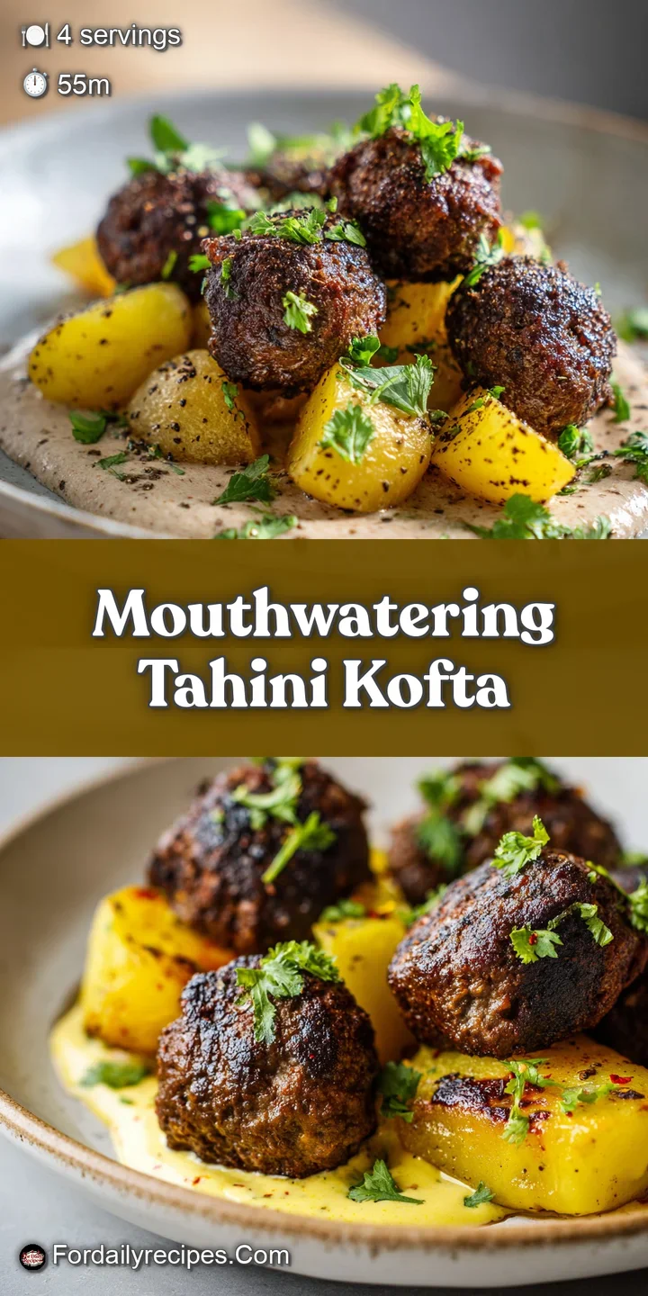 Close-up showcases the juicy, browned exterior of a kofta and the creamy, textured tahini sauce, promising a savory delight.