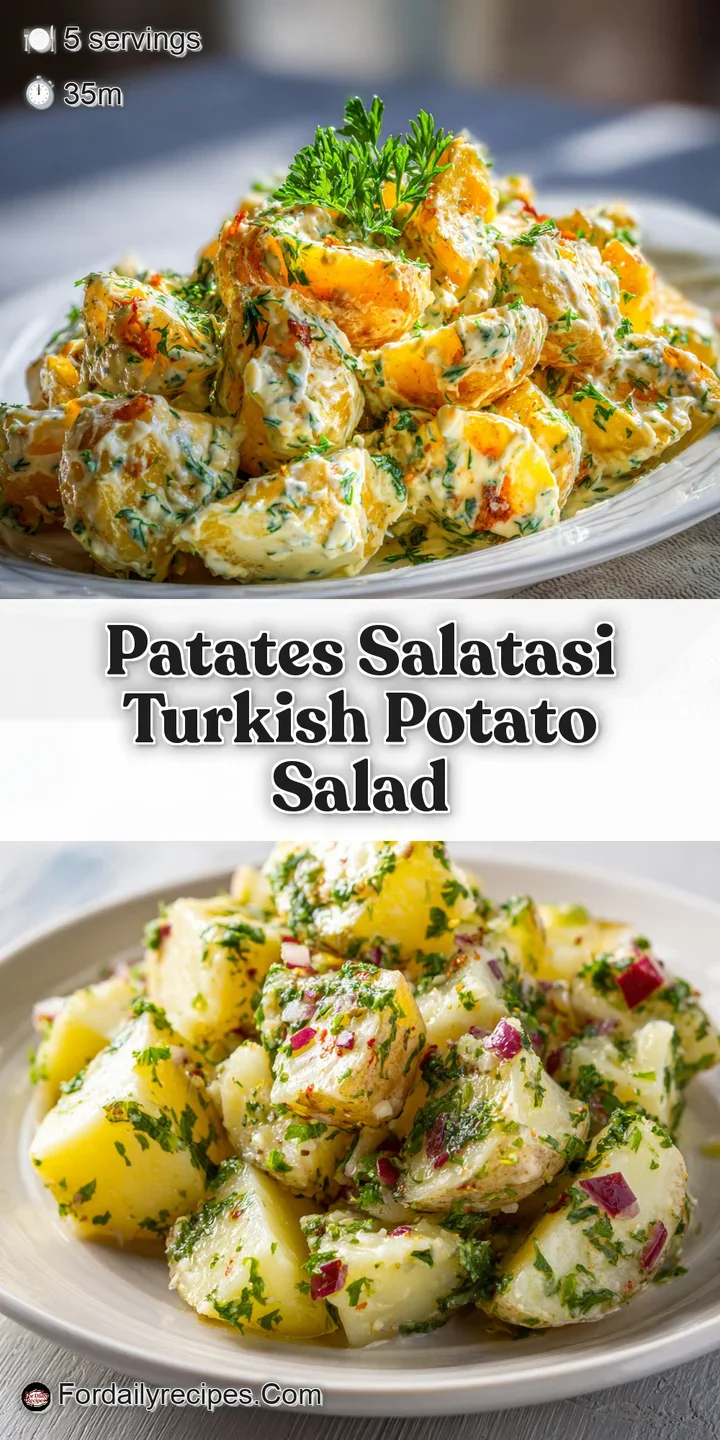 Close-up of Turkish potato salad, featuring a creamy dressing clinging to tender potatoes with fresh herbs.