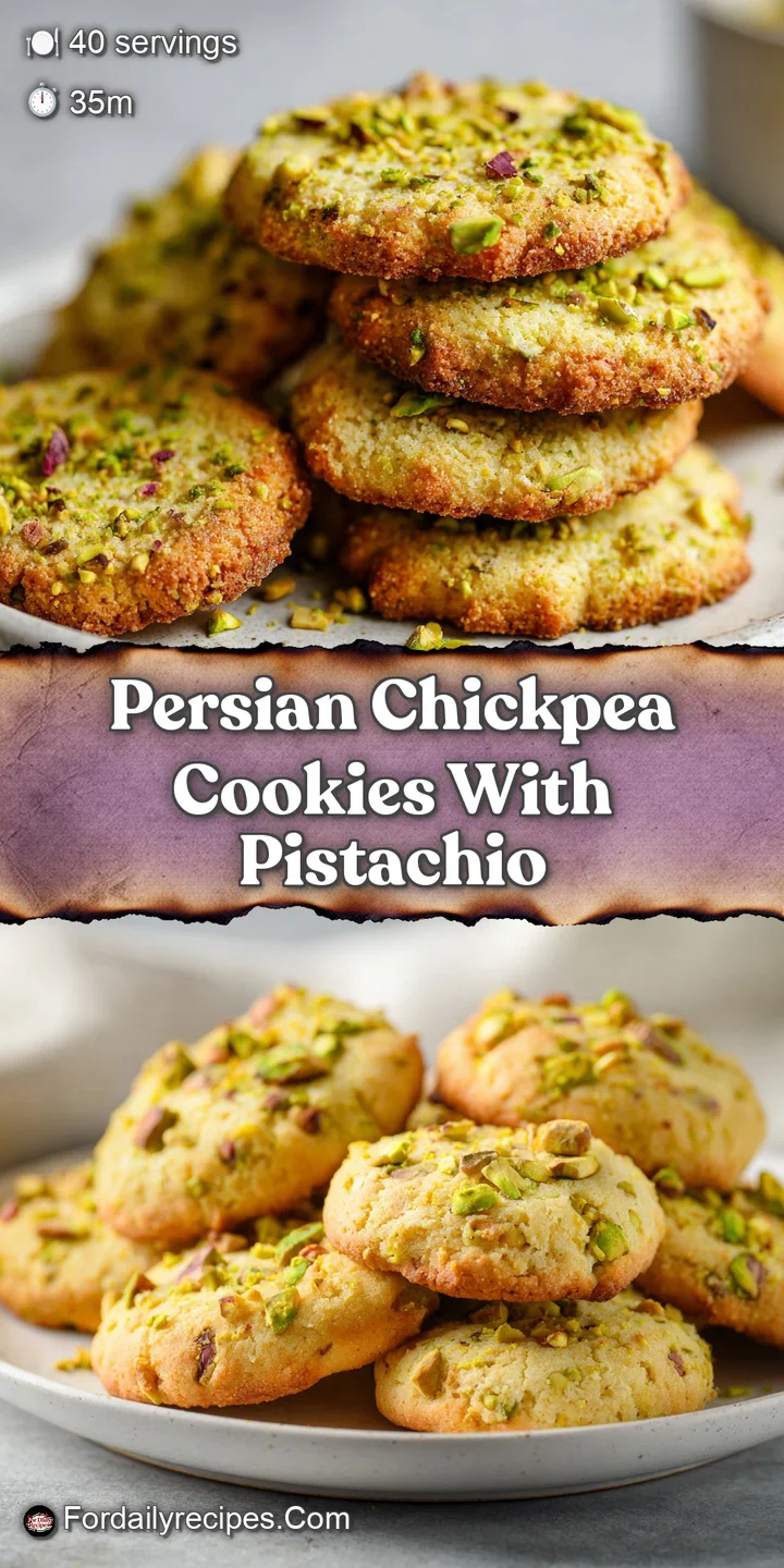 Close-up of a Persian chickpea cookie: cracked surface revealing a soft, crumbly interior. Pistachio pieces add pops of br...