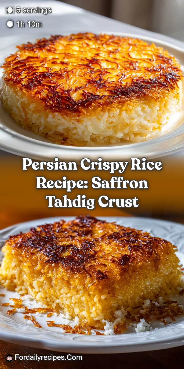 Close-up of glistening, golden-brown tahdig showing the perfectly crunchy texture with scattered herbs and fruit.