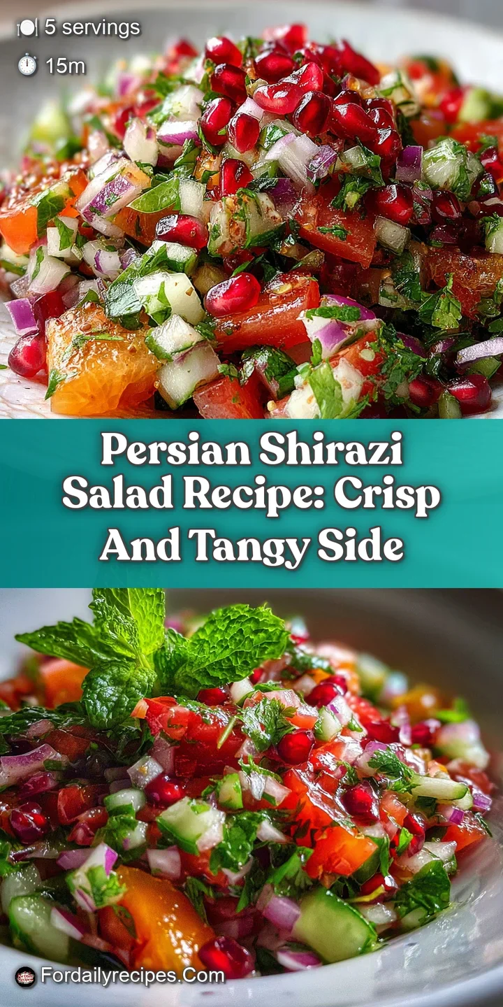 Close-up reveals the crisp, refreshing texture of Persian salad. Diced tomatoes, cucumbers, and herbs coated in a light dr...
