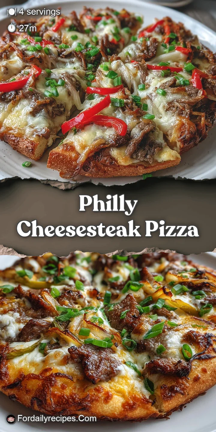Close-up capturing the cheesesteak pizza's bubbling cheese, tender steak, and colorful peppers on a crispy, golden crust.
