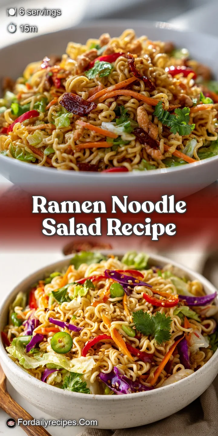 Close-up of ramen salad: glistening noodles, crunchy vegetables, and sesame seeds. A burst of colors and textures promises...