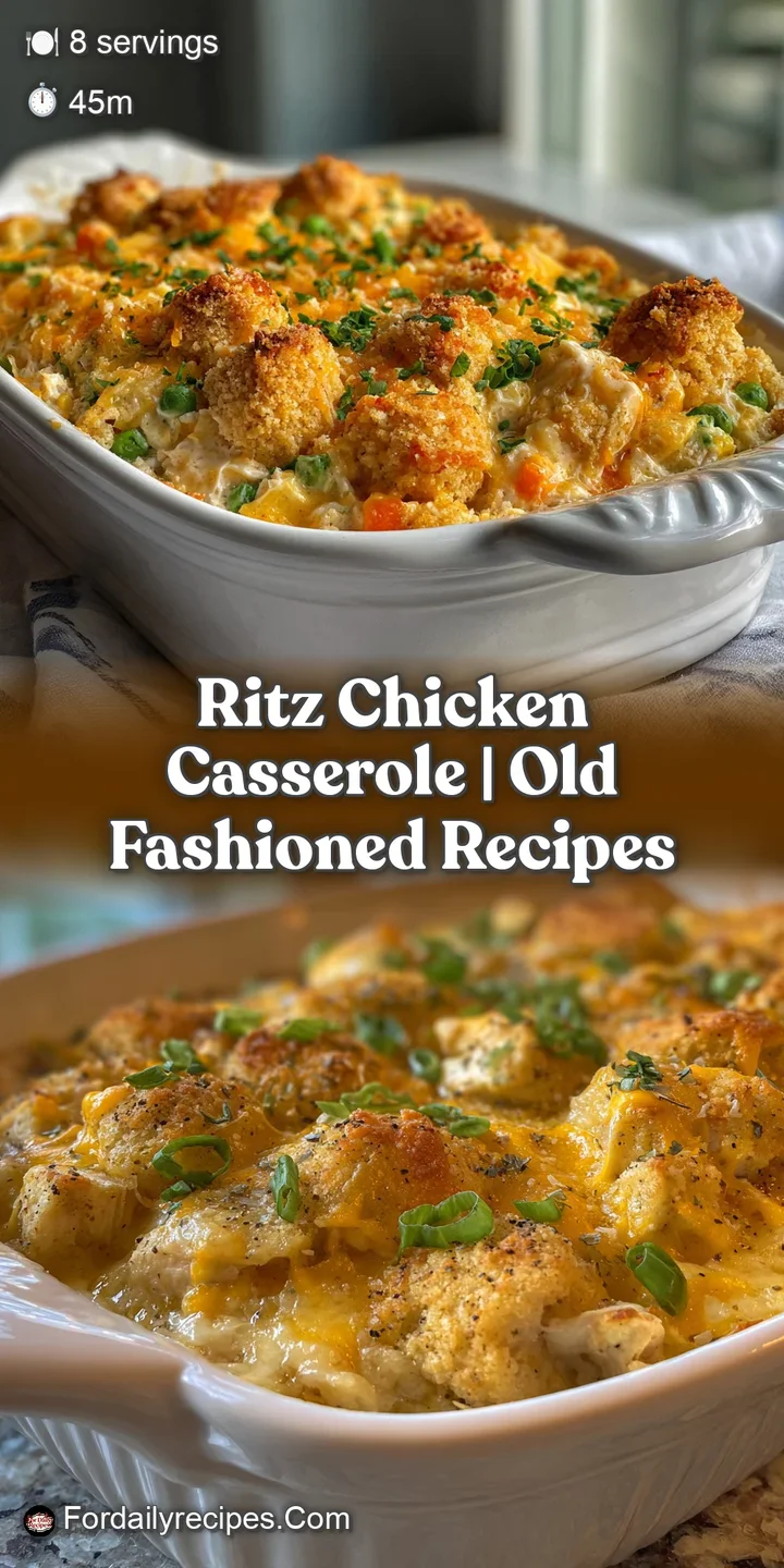 Close-up of a chicken casserole showcasing the buttery, flaky Ritz cracker crust and steaming, creamy filling beneath.