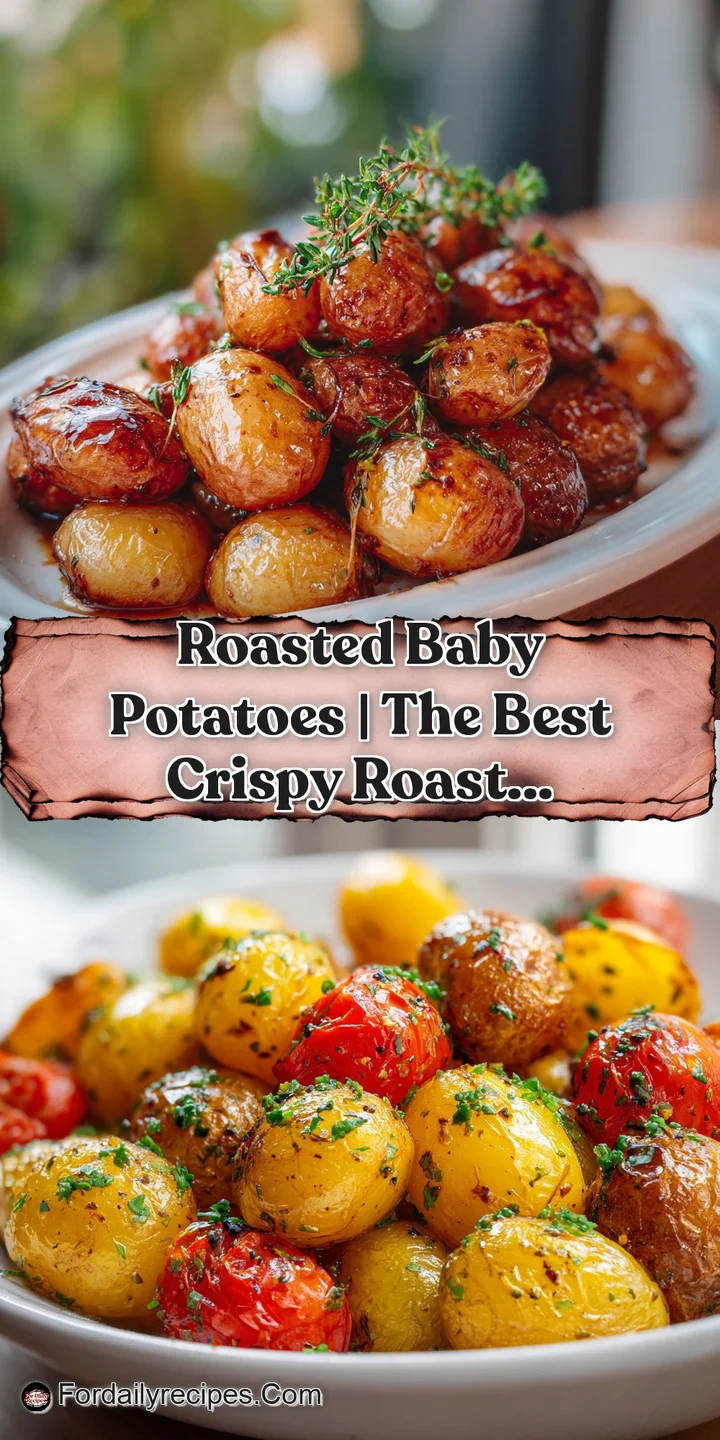 A close-up of tender, crisp-skinned baby potatoes, caramelized to a deep golden-brown hue.