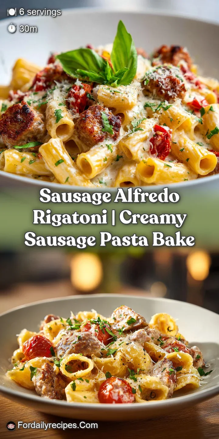 Close-up of al dente rigatoni coated in velvety Alfredo sauce, with savory sausage crumbles and grated cheese.