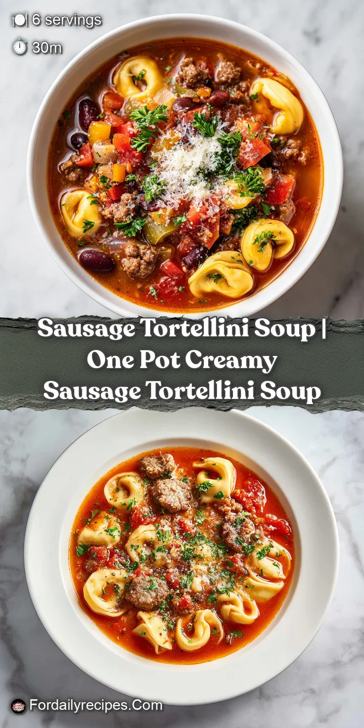 Close-up: tender cheese tortellini and browned sausage swirl in a rich, savory broth. Hints of wilted spinach peek through.