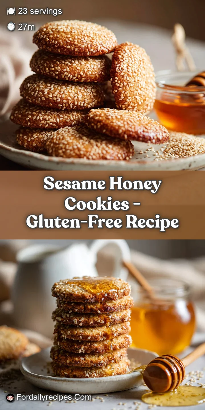 Close-up of a honey sesame cookie reveals a delicate, chewy texture and rich amber hue, sprinkled with toasted sesame seeds.