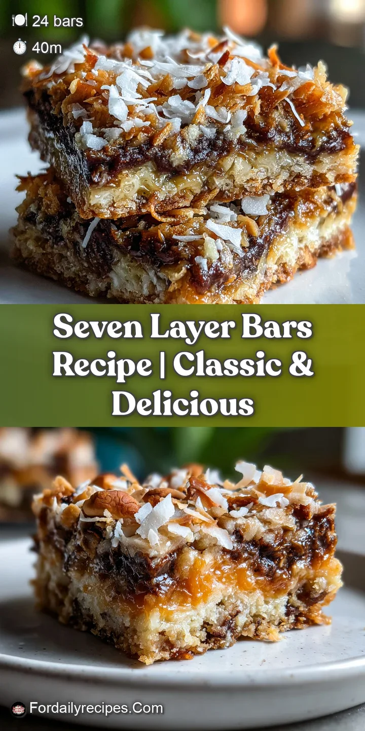 Close-up of a seven-layer bar showcasing the gooey melted chocolate, shredded coconut, and crunchy nuts, hinting at a swee...