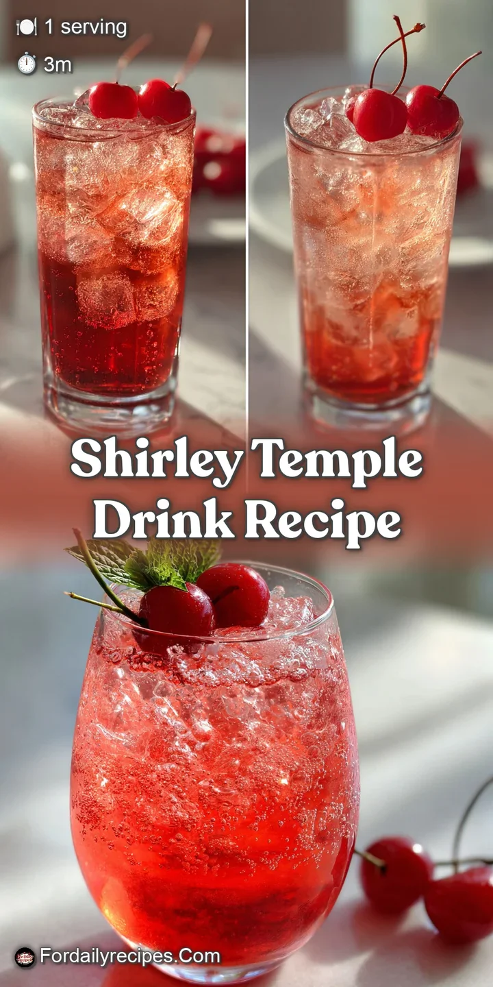 Close-up of a Shirley Temple; vibrant red grenadine creates a beautiful gradient effect in clear, bubbly soda, topped with...