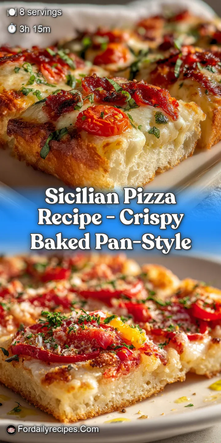 Close-up of Sicilian pizza's bubbly, golden crust and melted cheese. Fresh herbs sprinkled over the surface add vibrant co...