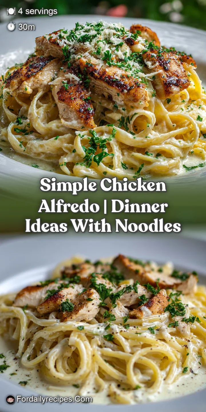 Close-up of luscious alfredo sauce clinging to fettuccine noodles. Juicy chicken and flecks of black pepper highlight the ...