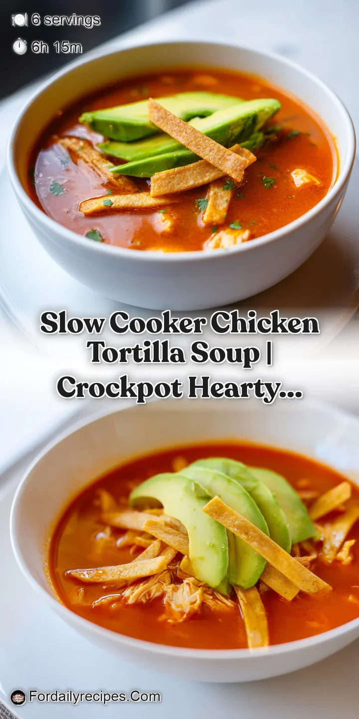 Macro shot of creamy golden broth with shredded chicken, bright green avocado cubes, and crisp toasted tortilla.