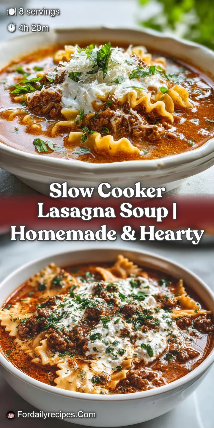 Close-up of vibrant lasagna soup with tender pasta, crumbled Italian sausage, and bubbling mozzarella. Steam rises from th...