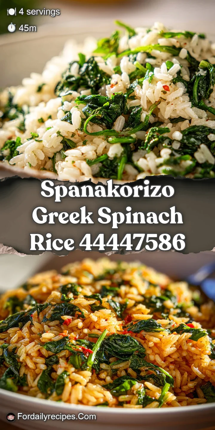Close-up of spanakorizo: fluffy rice infused with spinach, glistening with a light sheen of olive oil; inviting and herbac...