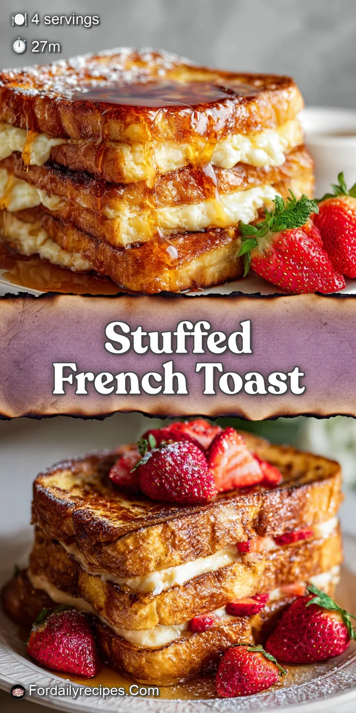 Close-up of stuffed French toast; fluffy bread, creamy filling oozing with bright strawberry pieces. Sweet and irresistible!