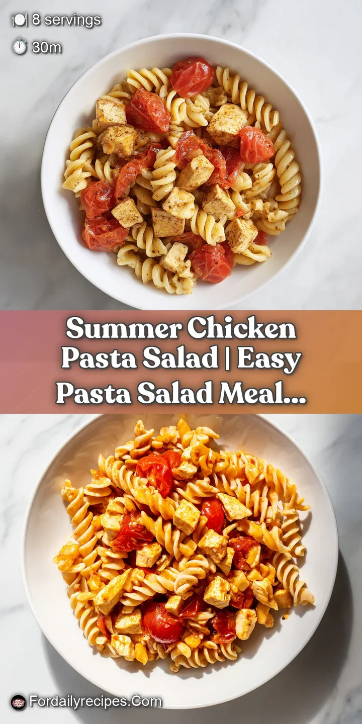 Close-up of glossy rotini pasta coated in creamy dressing with juicy red tomatoes and tender grilled chicken bits.