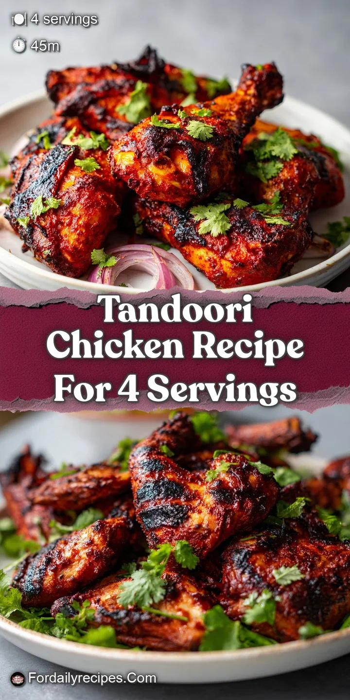 Close-up view of glistening tandoori chicken. Smoky aroma implied in the rich color, juicy meat, and speckled spice rub.