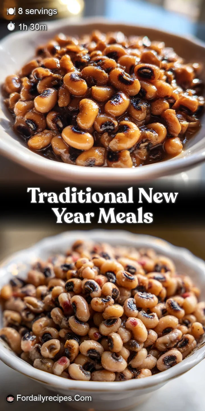 Close-up reveals the velvety texture of black-eyed peas simmered with savory sausage and fragrant seasonings; smoky aroma ...