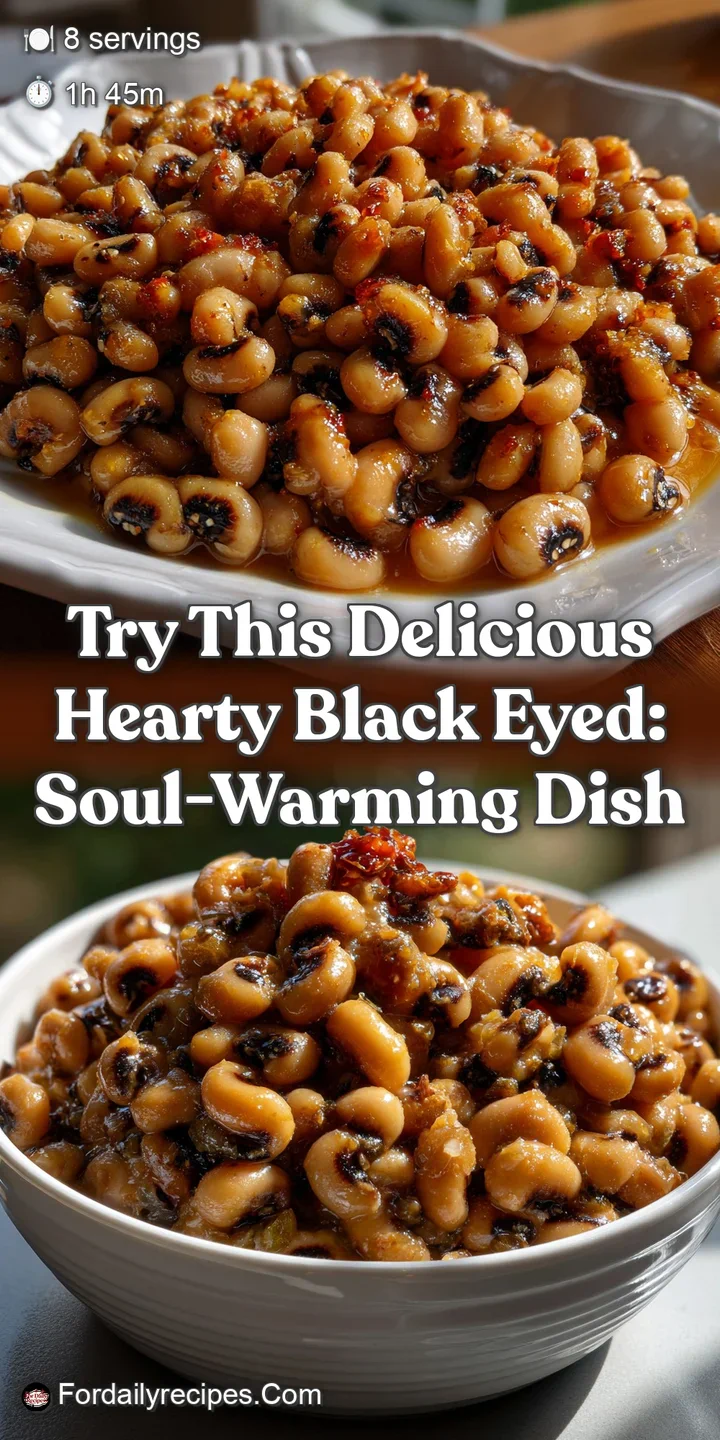 A close-up of a steaming bowl filled with black-eyed peas in a rich, smoky broth, showcasing tender texture and appetizing...