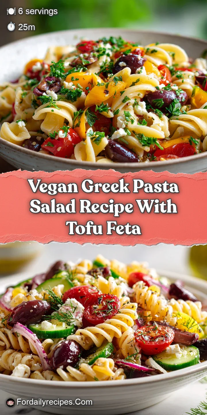 Close-up of a vegan Greek pasta salad: Juicy tomatoes, cucumbers, and olives mixed with pasta. Bright, refreshing, and fl...