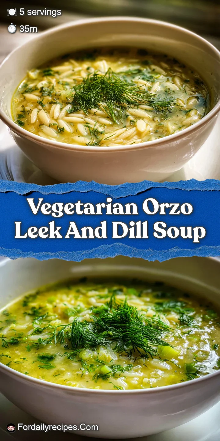 Close-up view of steaming orzo soup, bright green dill fronds, and ribbons of tender leeks glistening in the light.