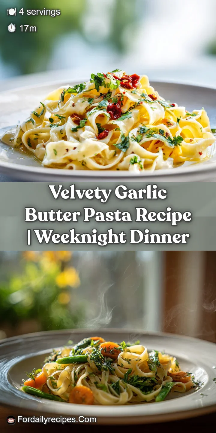 Close-up view of glistening pasta coated in creamy butter sauce, flecked with vibrant green herbs and coarse ground pepper.